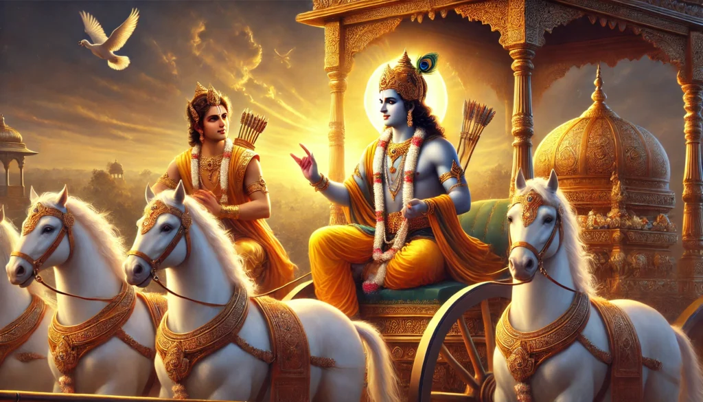 A high-definition depiction of Lord Krishna imparting divine wisdom to Arjun on the battlefield of Kurukshetra. Krishna, radiant in royal attire, holds the reins of white horses on a majestic chariot, while Arjun, a warrior prince, listens with his bow lowered. A glowing sunrise symbolizes enlightenment and spiritual guidance.