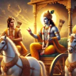 A high-definition depiction of Lord Krishna imparting divine wisdom to Arjun on the battlefield of Kurukshetra. Krishna, radiant in royal attire, holds the reins of white horses on a majestic chariot, while Arjun, a warrior prince, listens with his bow lowered. A glowing sunrise symbolizes enlightenment and spiritual guidance.