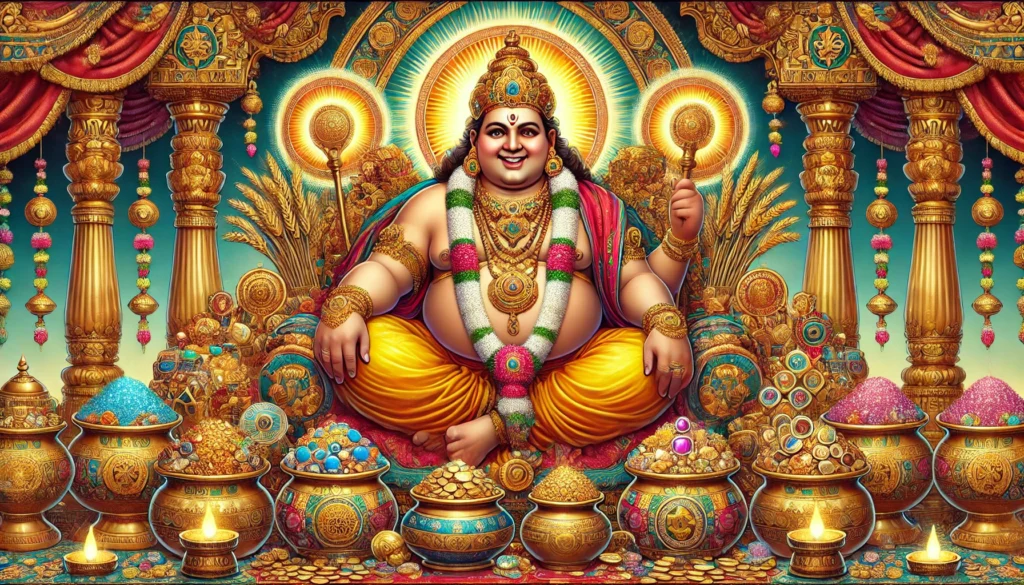 A vibrant and detailed depiction of Lord Kuber, the Hindu God of Wealth, seated on a golden throne surrounded by treasures, wearing gold jewelry and a traditional dhoti, radiating spiritual prosperity.