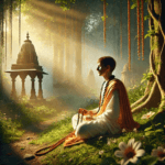 A person in traditional Indian attire meditating with Japa Mala in a lush green environment, with sunlight filtering through trees and temple architecture in the background.