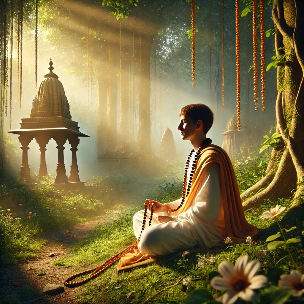 A person in traditional Indian attire meditating with Japa Mala in a lush green environment, with sunlight filtering through trees and temple architecture in the background.