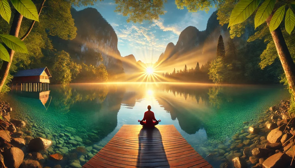 A tranquil scene featuring a meditating person on a wooden platform by a calm lake during sunrise, surrounded by lush green mountains and illuminated by soft golden light rays.
