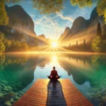 A tranquil scene featuring a meditating person on a wooden platform by a calm lake during sunrise, surrounded by lush green mountains and illuminated by soft golden light rays.