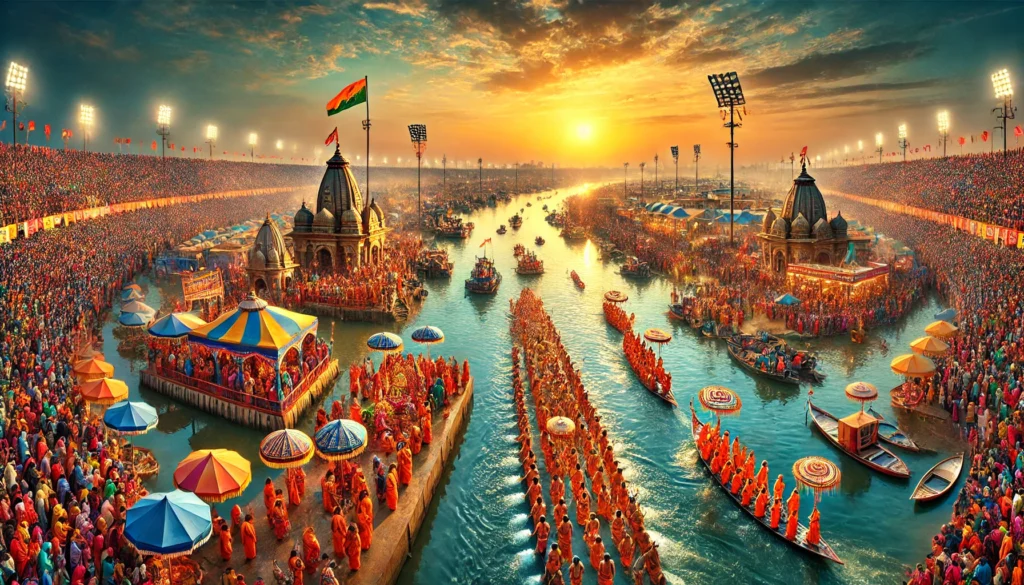 A high-definition depiction of the Mahakumbh Mela at Prayagraj, featuring the Triveni Sangam where the Ganga, Yamuna, and Saraswati rivers meet. The image captures pilgrims taking a holy dip, vibrant rituals by sadhus, and colorful flags under a glowing sunrise or sunset.
