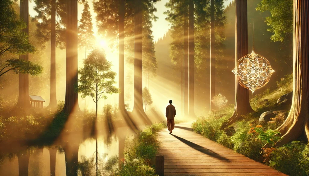 A person walking along a serene forest path at sunrise, with golden light streaming through lush green trees, symbolizing a spiritual journey and self-discovery.
