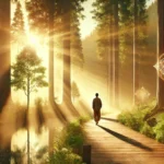 A person walking along a serene forest path at sunrise, with golden light streaming through lush green trees, symbolizing a spiritual journey and self-discovery.