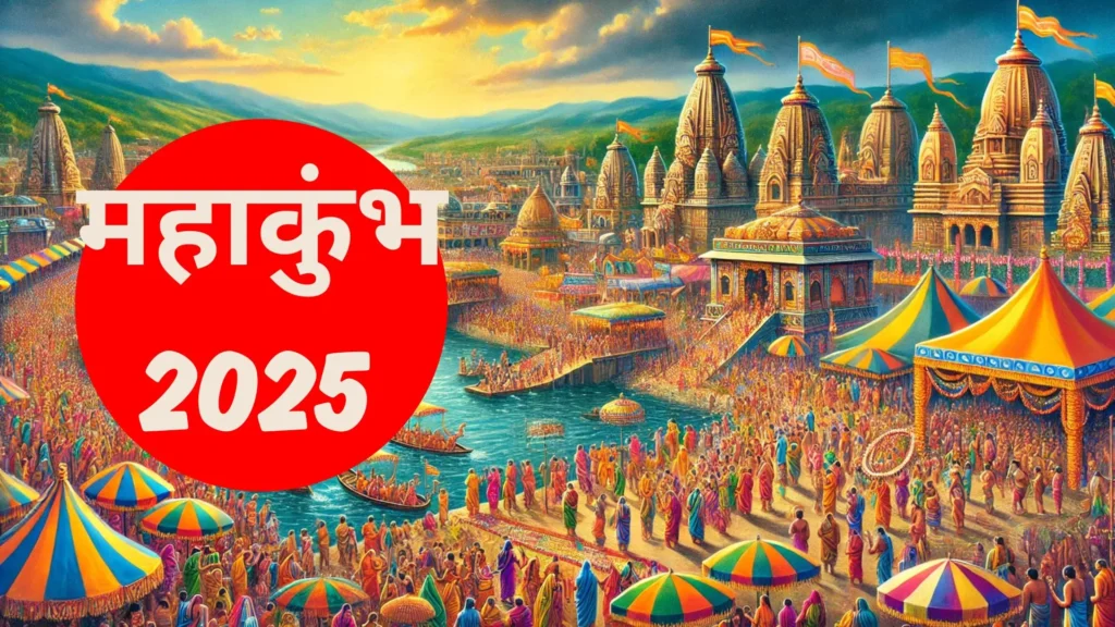 महाकुंभ मेला 2025: तिथि, इतिहास, महत्व और कार्यक्रम की संपूर्ण जानकारी | Mahakumbh Mela 2025 1 A vibrant depiction of Mahakumbh 2025, showing devotees by the riverside, colorful tents, and grand temples in the background.