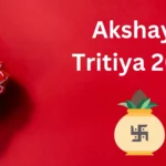 A festive image for Akshaya Tritiya 2025 featuring a decorative diya and a kalash with a swastika symbol on a vibrant red background.