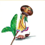 An illustration of a traditional Gudi with a decorated pot, a yellow cloth, and green leaves, symbolizing the festival of Gudi Padwa.