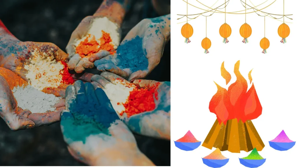A combination of images showing hands holding colorful powders symbolizing Holi and a festive bonfire with decorative elements representing Holika Dahan.