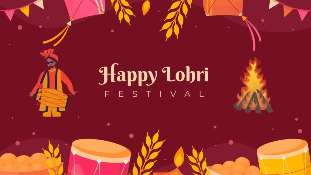A vibrant Lohri-themed illustration featuring a bonfire, a drummer, kites, drums, and festive decorations on a maroon background.