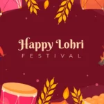 A vibrant Lohri-themed illustration featuring a bonfire, a drummer, kites, drums, and festive decorations on a maroon background.