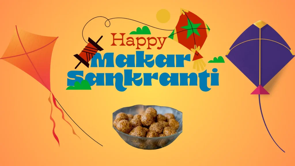 A vibrant design for Makar Sankranti featuring colorful kites, a bowl of sesame ladoos, and festive text on an orange background.