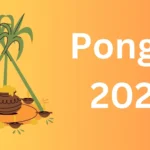 An illustration representing Pongal celebrations with a pot of boiling rice, sugarcane, and traditional decorations on a bright orange background.