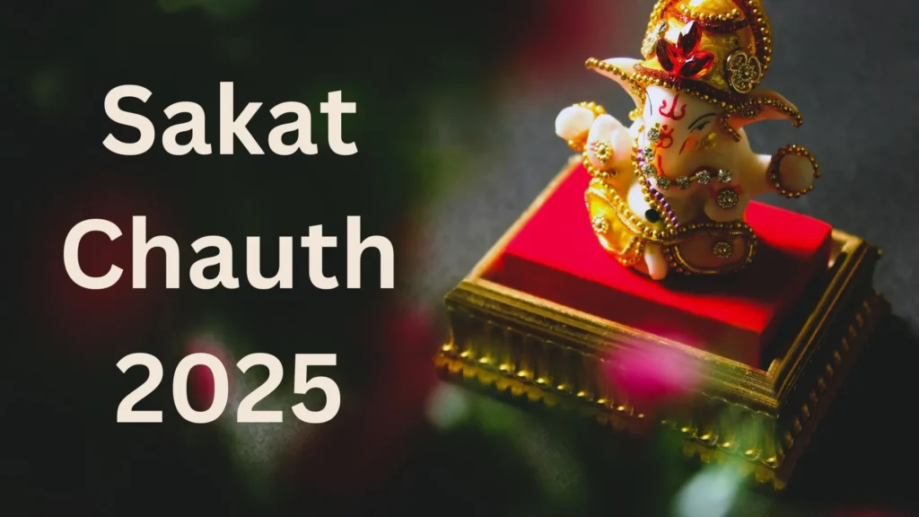 A beautifully decorated idol of Lord Ganesha placed on a red and golden pedestal, symbolizing Sakat Chauth 2025.