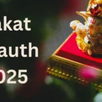 A beautifully decorated idol of Lord Ganesha placed on a red and golden pedestal, symbolizing Sakat Chauth 2025.