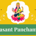 An illustration of Goddess Saraswati seated on a lotus, with a veena in hand, surrounded by floral decorations on a vibrant yellow background.