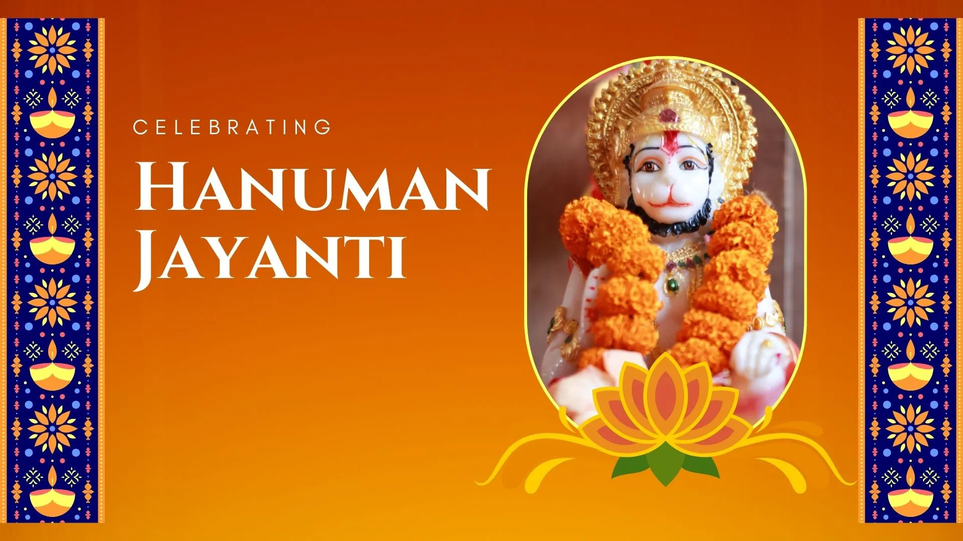 A vibrant depiction of Lord Hanuman adorned with marigold garlands, symbolizing the celebration of Hanuman Jayanti.