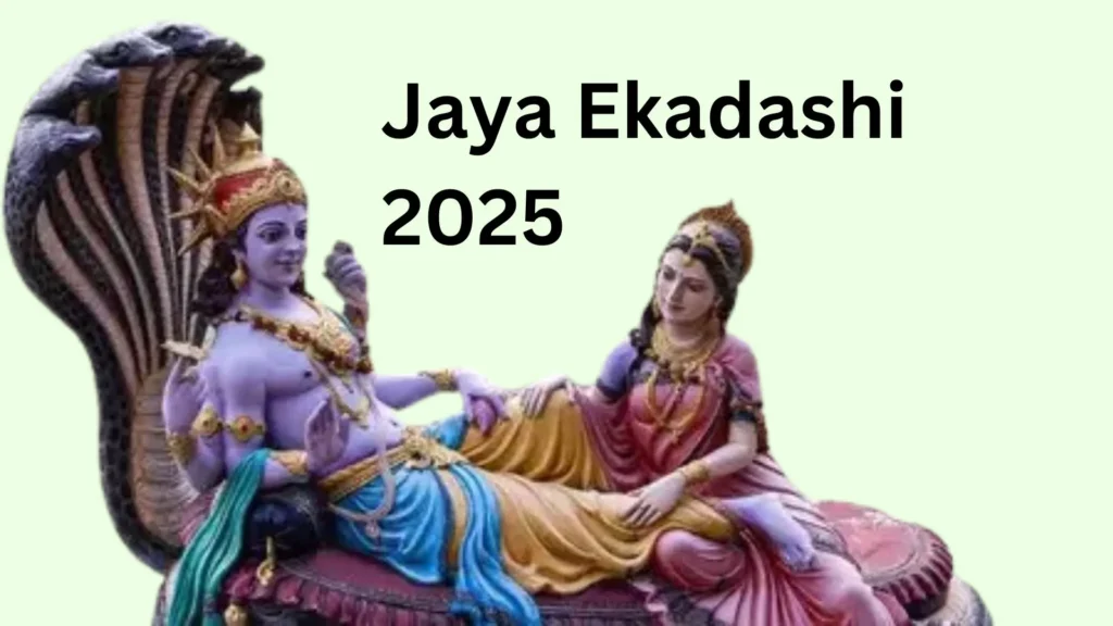 A divine image of Lord Vishnu resting on Sheshnaag, accompanied by Goddess Lakshmi, symbolizing the spiritual significance of Jaya Ekadashi in 2025.