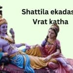 A divine depiction of Lord Vishnu reclining on Sheshnag with Goddess Lakshmi by his side, representing the Shattila Ekadashi Vrat Katha.