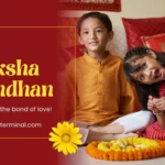 A joyful brother and sister celebrating Raksha Bandhan, with the sister tying a rakhi on her brother’s wrist, surrounded by festive decorations.
