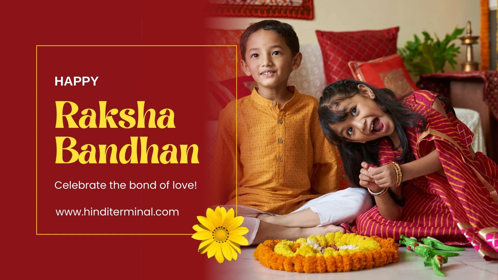 A joyful brother and sister celebrating Raksha Bandhan, with the sister tying a rakhi on her brother’s wrist, surrounded by festive decorations.