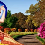 A serene digital artwork featuring Sant Shri Gajanan Maharaj of Shegaon, depicted in a meditative posture against a beautifully landscaped background with vibrant flowers and greenery.
