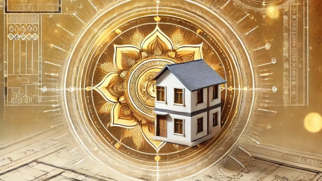 An artistic representation of Vastu Shastra principles, featuring a house model against a golden mandala with ancient architectural elements.