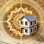 An artistic representation of Vastu Shastra principles, featuring a house model against a golden mandala with ancient architectural elements.