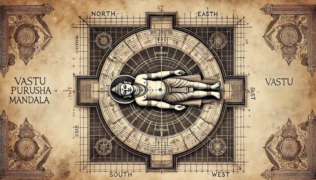 An ancient architectural illustration of the Vastu Purusha Mandala, depicting the divine cosmic figure lying within a geometrical grid, symbolizing harmony in Vastu Shastra.