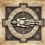 An ancient architectural illustration of the Vastu Purusha Mandala, depicting the divine cosmic figure lying within a geometrical grid, symbolizing harmony in Vastu Shastra.