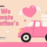 A charming pink-themed illustration featuring a delivery truck carrying a gift and a flying heart, symbolizing love and Valentine's Day celebrations.