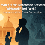 Split illustration showing faith through a temple and prayer, and blind faith through ghost symbols and warnings—highlighting the contrast between devotion and superstition