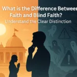 Split illustration showing faith through a temple and prayer, and blind faith through ghost symbols and warnings—highlighting the contrast between devotion and superstition