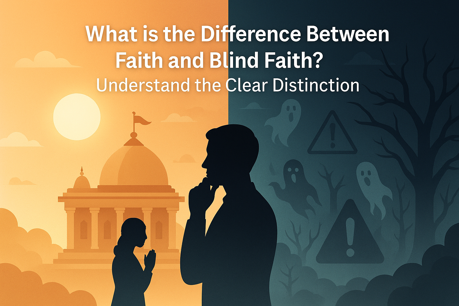 Split illustration showing faith through a temple and prayer, and blind faith through ghost symbols and warnings—highlighting the contrast between devotion and superstition