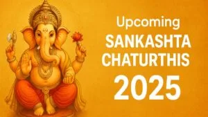Lord Ganesha with golden aura and text Upcoming Sankashta Chaturthi 2025