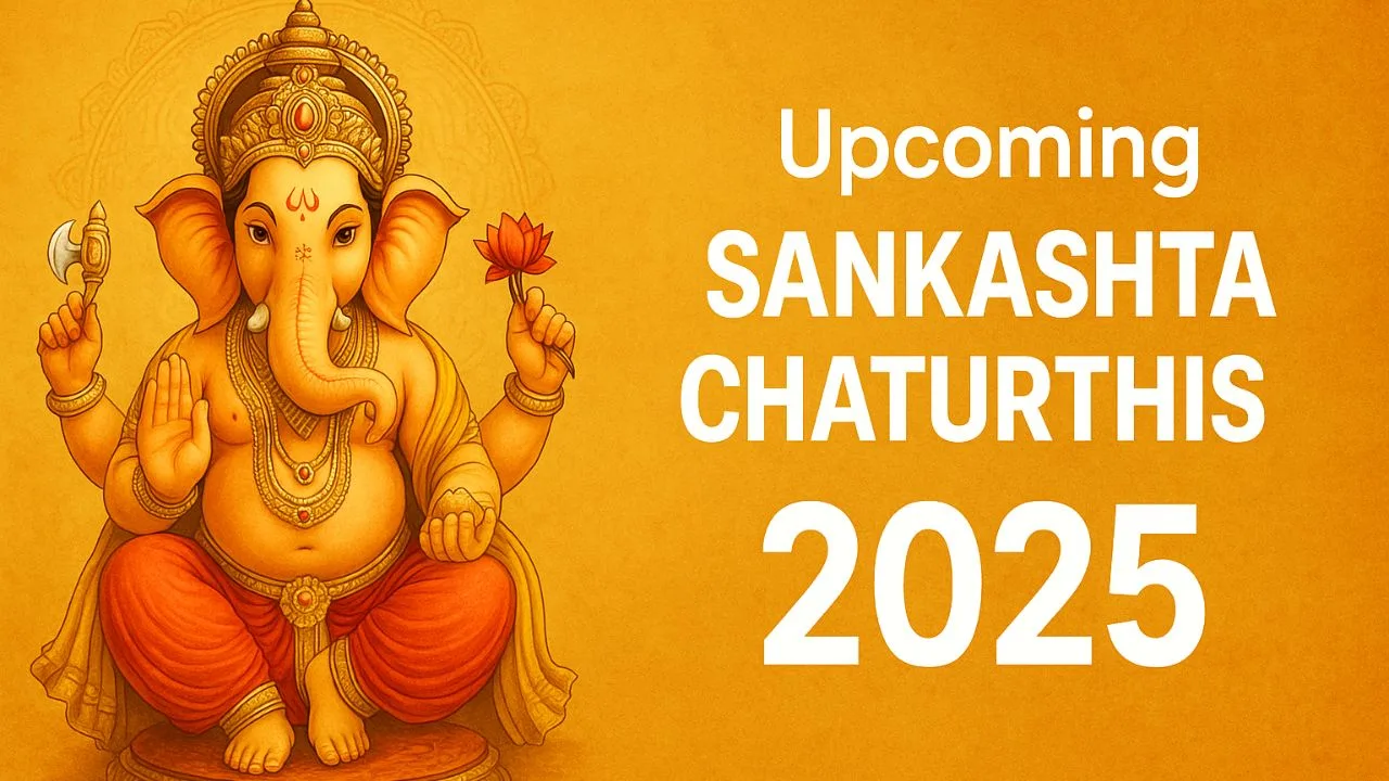 Lord Ganesha with golden aura and text Upcoming Sankashta Chaturthi 2025